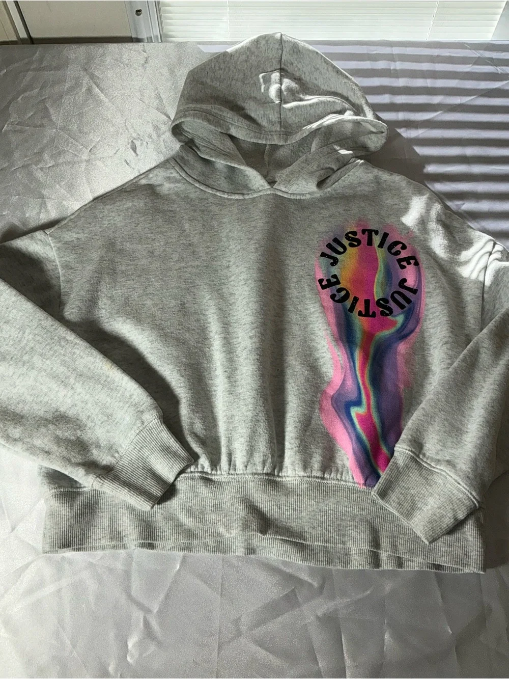 Justice Girls Light Gray Hoodie with Rainbow Marble Swirl Size M